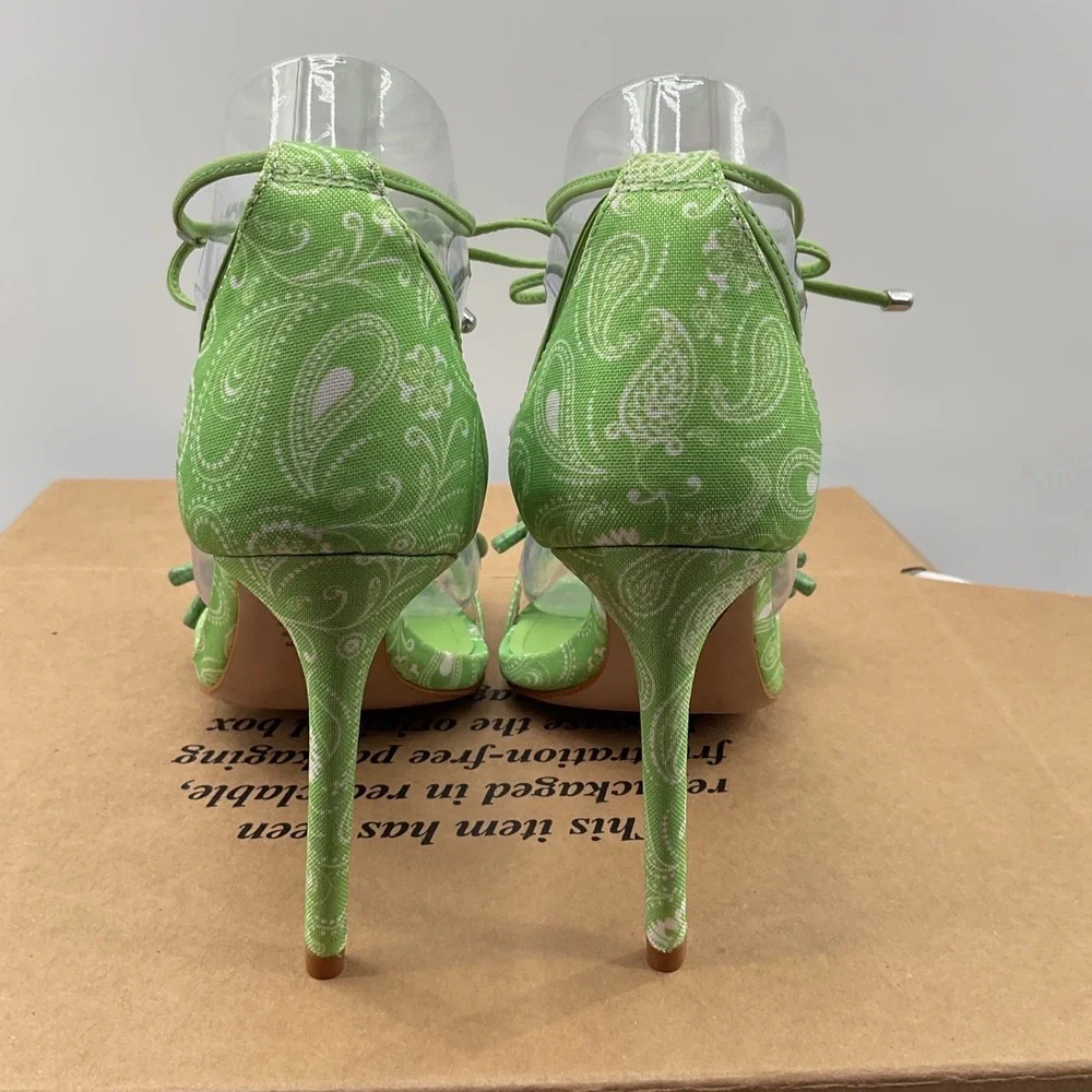 Schutz Green Paisley Beaded Ankle Wrap Stiletto Square Toe Sandals Women 6B